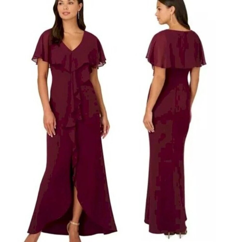 Adrianna Papell Formal Dress 2 Burgundy Flutter Sleeve Ruffled Gown NEW $199